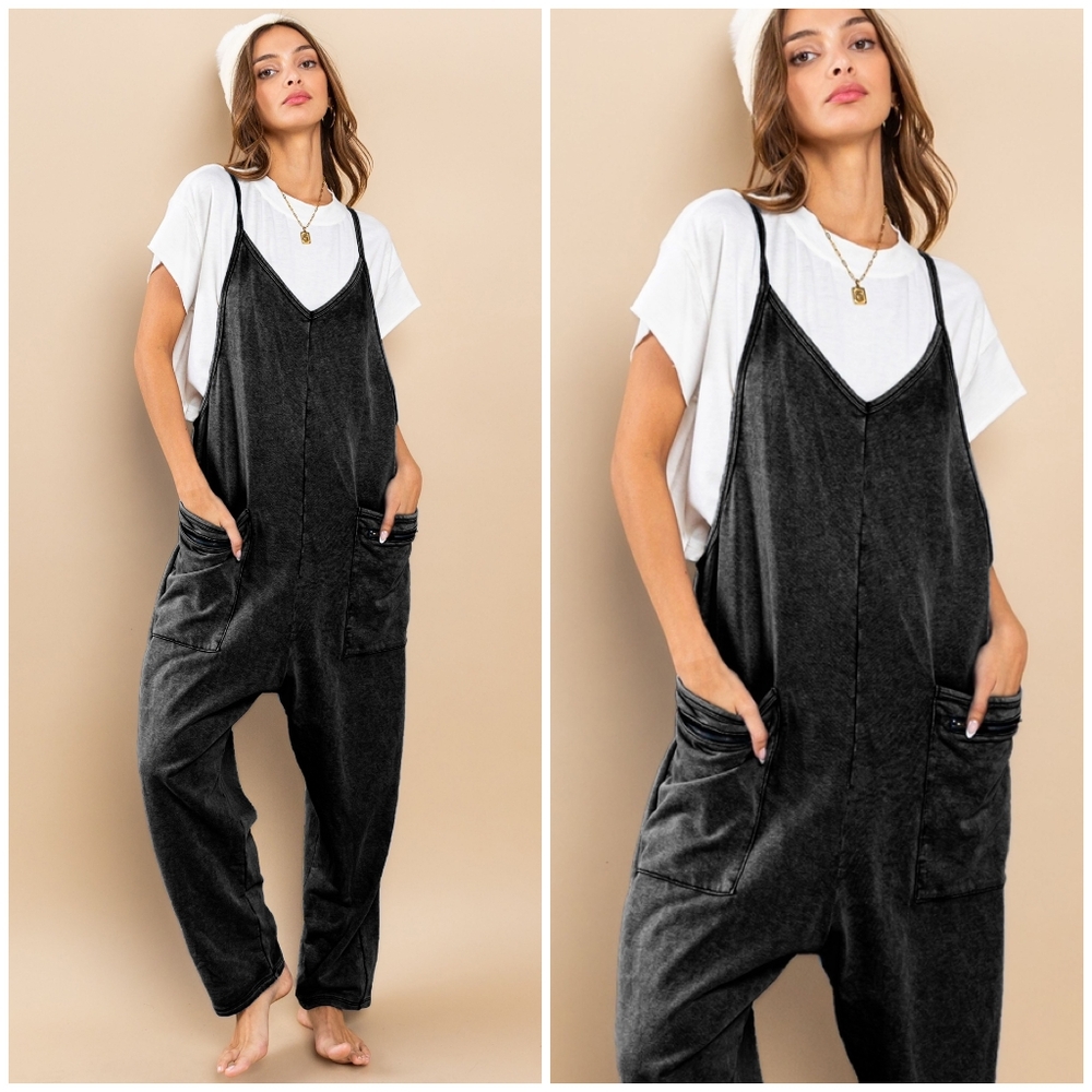 Ces Femme Washed Black Soft Knit Jumpsuit Overalls - Picture 7 of 7